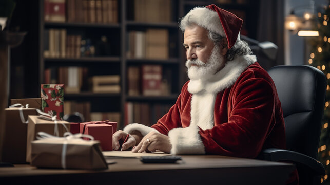 Authentic Santa Claus is working on a table. Home interior. In anticipation of Christmas and New Years.