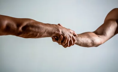 Foto op Plexiglas Friendly handshake, friends greeting, teamwork, friendship. Rescue, helping gesture or hands. Two hands, helping arm of a friend, teamwork. Helping hand outstretched, isolated arm, salvation © Yevhen