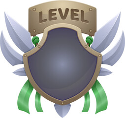 Game interface level 3 badge or win shield with swords, vector GUI trophy icon. 3 level popup badge with green ribbon flags for video game arcade next level achievement or gamer rank badge emblem