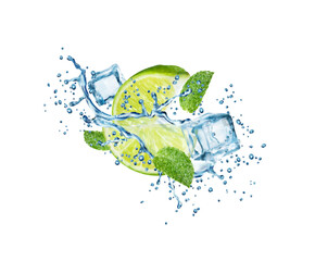Realistic mojito drink splash with lime fruit, ice cubes and mint leaves in water wave, isolated vector. Mojito drink, soda water or lemonade with lime and ice cubes explosion in splashing blue water