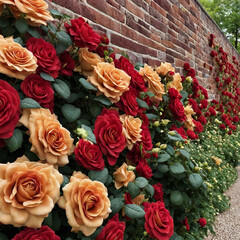 Red and yellow rose bushes full of flowers near a brick wall of a theme park, Calm vibe