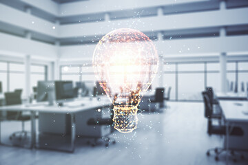 Virtual Idea concept with light bulb illustration on a modern furnished office background....