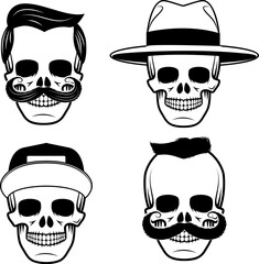 Set of the skulls with hairstyle and hats. Design elements for emblem, sign, poster, t-shirt print. Vector illustration.