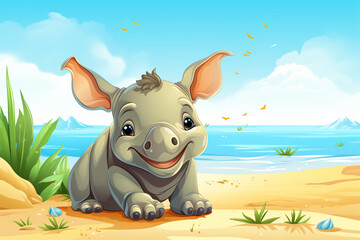 cartoon illustration of a cute rhino on the beach