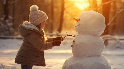 happy child girl plaing with a snowman on a snowy winter walk - obrazy, fototapety, plakaty
