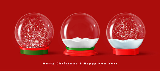 Christmas glass globes with snow, crystal sphere balls for winter, holiday, realistic vector 3D. Christmas glass globes or New year snowglobe bubble decoration with snowflakes in transparent sphere - obrazy, fototapety, plakaty