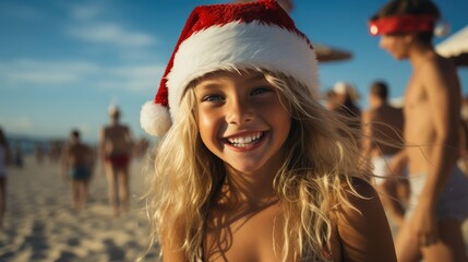 Happy young blonde hair girl in red swimwear and Santa hat on the sandy beach - Powered by Adobe