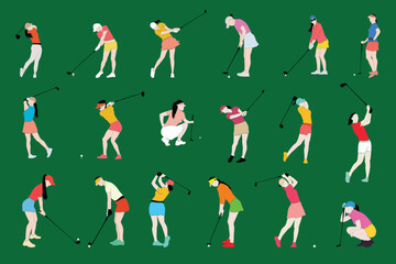 Female golfers silhouette collection. Golf Player set. People playing golf in trendy flat style isolated on color background, symbol for your website design, logo, app, various publications
