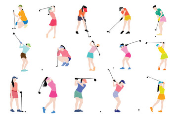 Fototapeta na wymiar Female golfers collection. Golf Player set. People playing golf in trendy flat style isolated on white background, symbol for your website design, logo, app, various publications