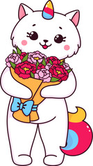 Cartoon cute caticorn cat or kitten character with flowers. White unicorn cat or caticorn kitty vector personage with happy face, rainbow horn and tail holding rose flowers bouquet with ribbon bow