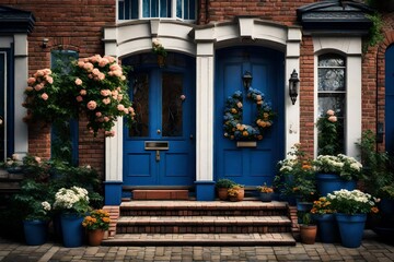 Fototapeta na wymiar A Huge brick house's blue front entrance and potted flowers