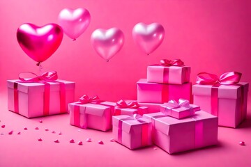 A Pink studio with a balloon heart shape and present boxes