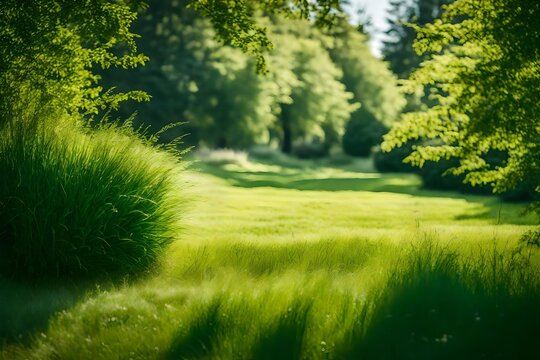 A lovely wide-format photograph of a well-kept country grass framed by trees and bushes on a sunny summer day. summer in the springtime