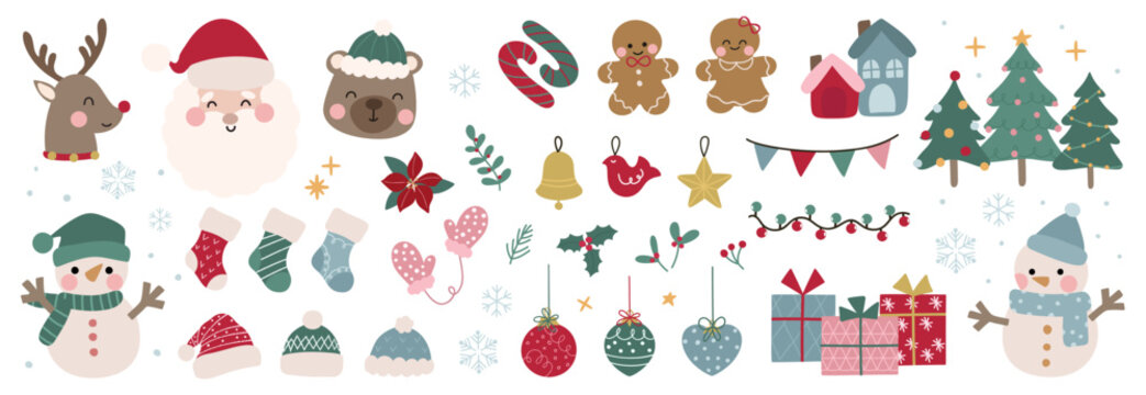 Merry christmas and happy new year concept background vector. Collection drawing of cute animal with reindeer, santa, snowman, christmas bauble. Design suitable for banner, invitation, decoration.