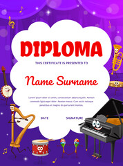 Musical diploma with instruments characters on the stage. Musical school or classes education vector diploma or certificate with banjo, harp, drum and maracas, piano, tambourine funny personages