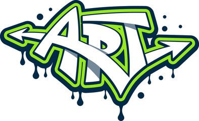 ART graffiti, street art or urban style lettering with paint spray on wall, vector artwork. Graffiti word Art in green paint writing with arrows and leak drips on wall for hipster urban graffiti print © Vector Tradition