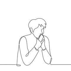 man sits with his arms bent and his palms folded near his face - one line art vector. concept reflection, rethinking, philosopher, pondering
