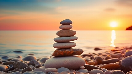 stack of zen stones on the beach, sunset and ocean in the background - obrazy, fototapety, plakaty