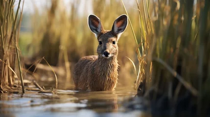 Fotobehang A solitary Chinese Water Deer camouflaged among the reeds and tall grasses near a tranquil wetland. © Habib