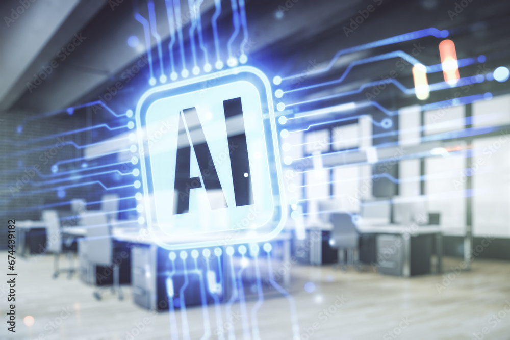 Poster creative artificial intelligence symbol hologram on a modern furnished classroom background. double 