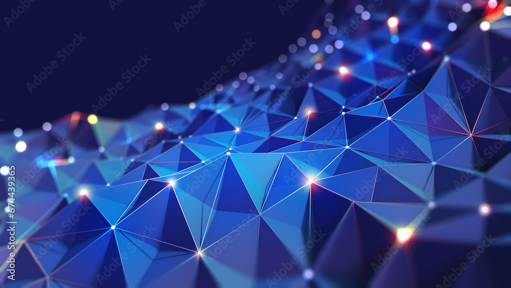Poster Neural network and innovation in the field of high technology. 3D illustration of polygonal fields and electrical impulses of neon edges