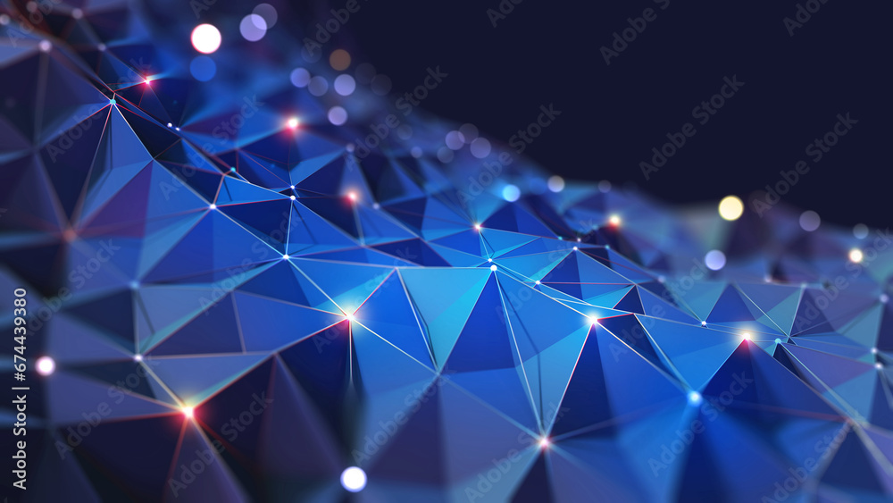 Poster Neural network and innovation in the field of high technology. 3D illustration of polygonal fields and electrical impulses of neon edges