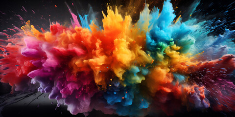 Colorful Explosion of Holi Paint on dark Background Abstract multi colored backdrop ink waves A colorful explosion wallpaper with a black background and a splash of paint Ai Generative - obrazy, fototapety, plakaty