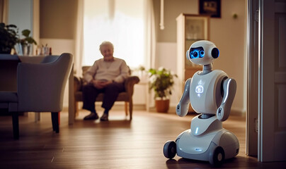 Smart robot helping elderly at home or in retirement home. Elderly Care Robot In the Intelligent Hospital, Concept, Artificial Intelligence, Consultancy Services and Health Care with Future Robots. - obrazy, fototapety, plakaty