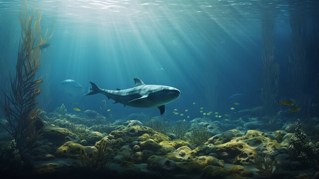 A tranquil underwater scene of a Vaquita resting on the ocean floor, surrounded by lush seafloor vegetation, rendered in high resolution 4K detail.