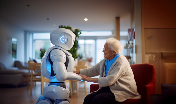 Smart robot helping elderly at home or in retirement home. Elderly Care Robot In the Intelligent Hospital, Concept, Artificial Intelligence, Consultancy Services and Health Care with Future Robots.