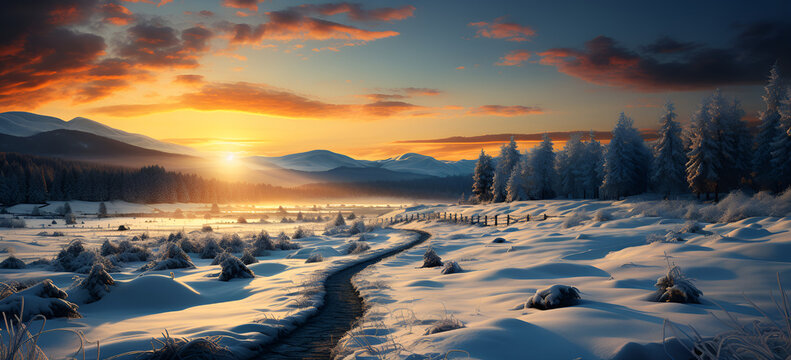 Winter landscape. Beautiful Christmas morning in winter landscape