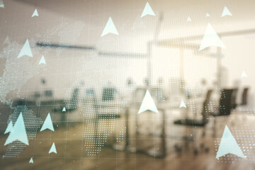Double exposure of abstract virtual world map with pins hologram on modern corporate office...