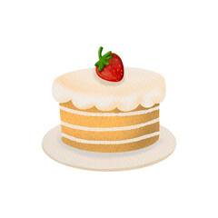 cake with strawberry watercolor hand drawn illustration