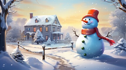 Bright snowman, Christmas morning, the background is a house