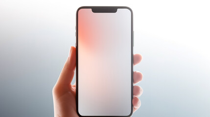 Smartphone mockup, close up hand holding black phone white screen.