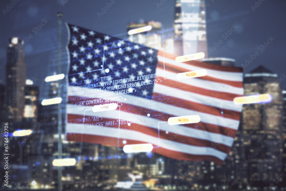 Poster multi exposure of abstract graphic coding sketch on us flag and skyline background, big data and net