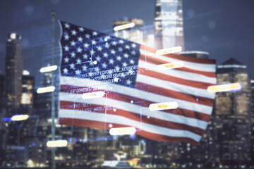 Multi exposure of abstract graphic coding sketch on US flag and skyline background, big data and...