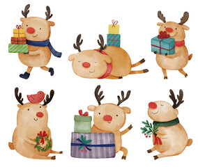 Reindeer . Christmas theme . Watercolor paint cartoon characters . Isolated . Set 1 of 4 . illustration .