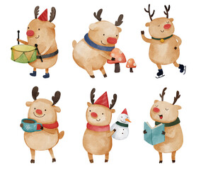 Reindeer . Christmas theme . Watercolor paint cartoon characters . Isolated . Set 3 of 4 . illustration . © stockdevil