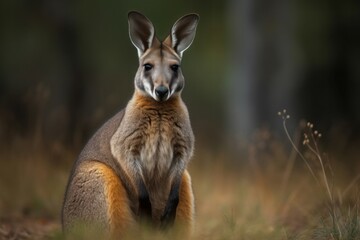 Wallaby wild animal at field. Tail explore copy grass under. Generate Ai - obrazy, fototapety, plakaty