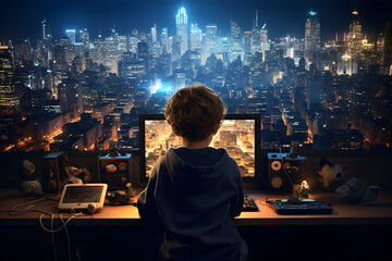 A young Boy using computer, illuminated cityscape, urban skyline at night, Premium Quality Image