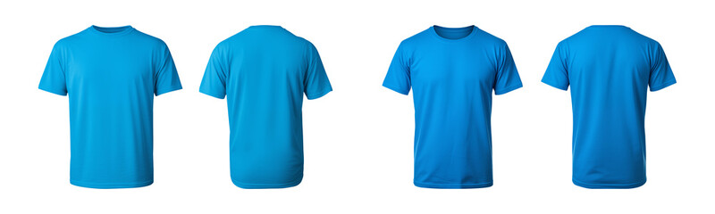 realistic set of male blue t-shirts mockup front and back view isolated on a transparent background, cut out