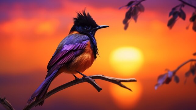 An Amazonian Royal Flycatcher silhouetted against a breathtaking 8K sunset, the bird's vibrant colors contrasting with the deepening orange and purple hues of the evening sky.