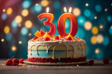 Sweet Birthday cake with number 30 on top on colorful bokeh background, 30th years old happy birthday Cake. Generative Ai.