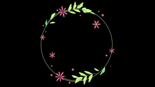 Festive floral frame animation. Blank botanical template with copy space. Colorful paper flowers and green leaves growing, appearing on pastel mint background. Decorative floral arrangement