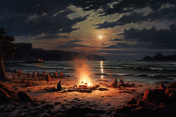 photo of a campfire view on the beach - obrazy, fototapety, plakaty
