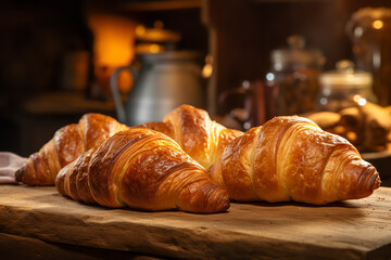 Freshly baked croissants are cooling on a rustic kitchen counter, filling the air with an irresistible aroma