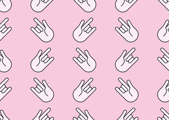 Seamless pattern in the shape of fingers showing love. Arranged alternately on a pink background.