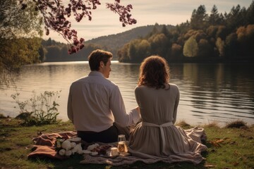 Photo from behind of a couple having a romantic picnic. Generative AI