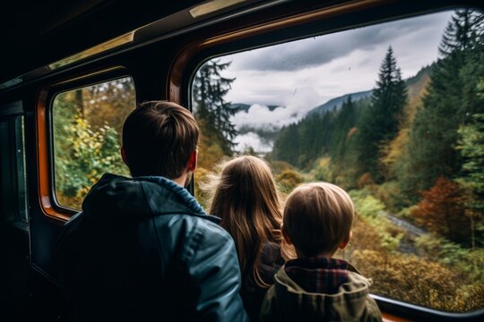 Photo from behind of a family taking a scenic train ride. Generative AI